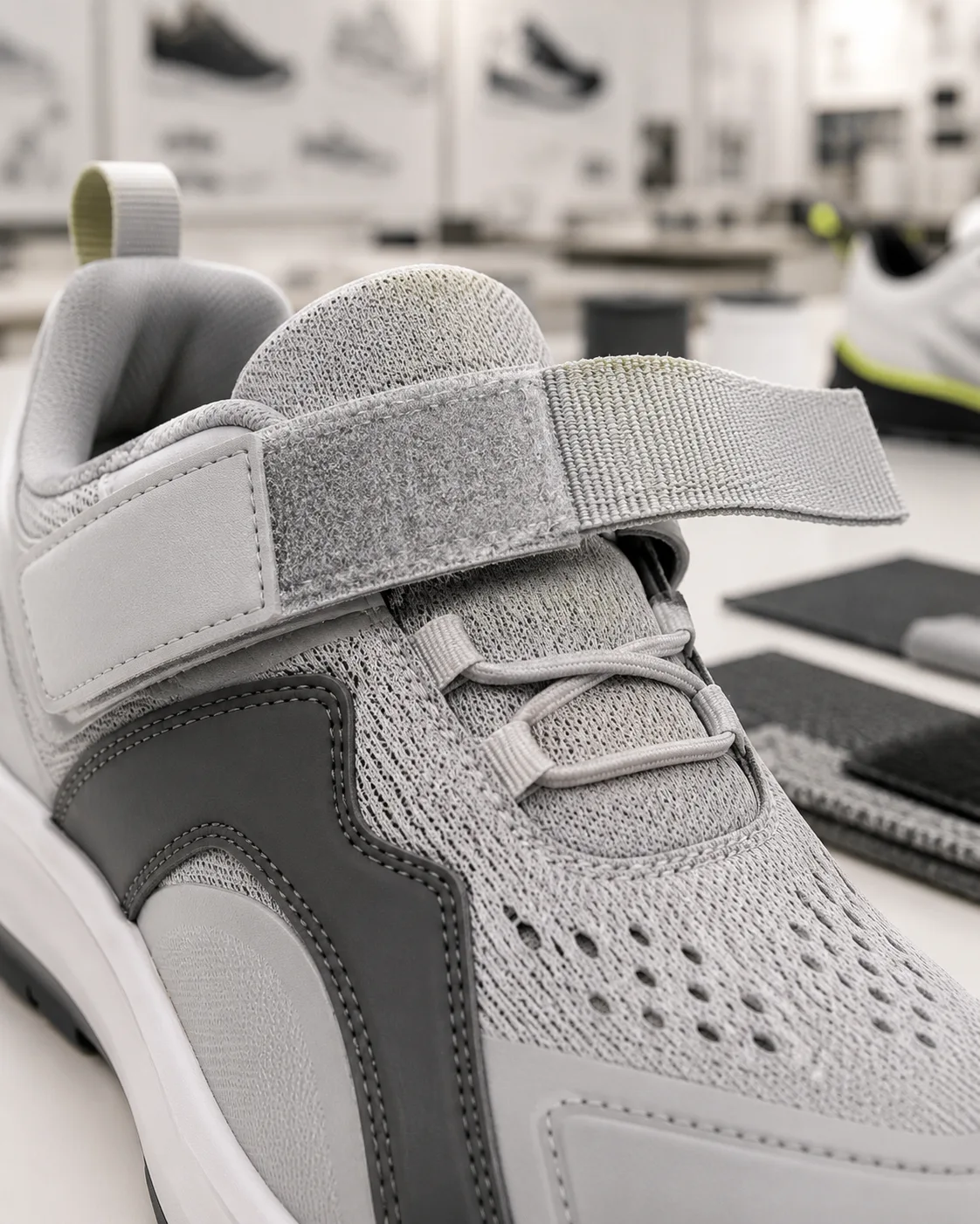 Adjustable hook and loop fastening used in footwear manufacturing.